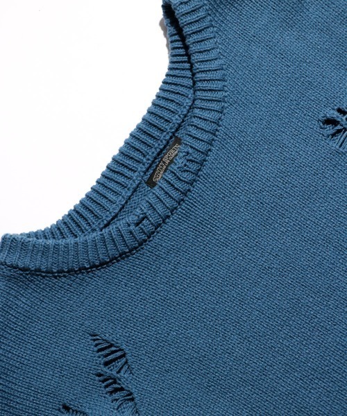 SUNNY  SPORTS（サニースポーツ）の「【SUNNY SPORTS 　サニースポーツ】WORN-OUT CREW SWEATER　ダメージスウェット（ニット/セーター・メンズ・ブラック/ブルー系/ホワイト・LARGE/MEDIUM）」の4枚目の写真