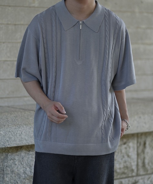 molk(モルク)の「【molk】ケーブルデザインハーフジップサマーニットポロ(ポロシャツ・メンズ・ライトグレー/ブラック/オリーブ・S/M/L)」の2枚目の写真