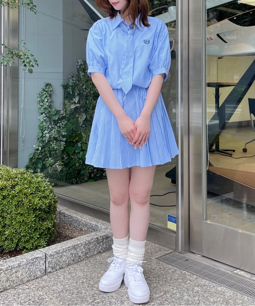 セール】ネクタイ付きプリーツシャツワンピース（シャツワンピース