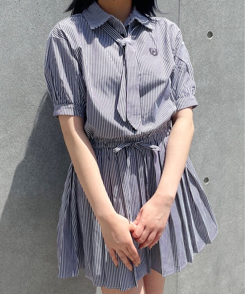 セール】ネクタイ付きプリーツシャツワンピース（シャツ