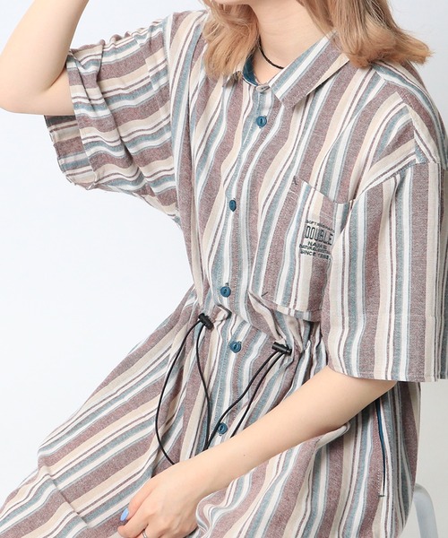 DOUBLE NAME（ダブルネーム）の「ストライプウエストドロスト半袖シャツワンピース（シャツワンピース・レディース・イエロー/レッド/ネイビー・FREE）」の3枚目の写真