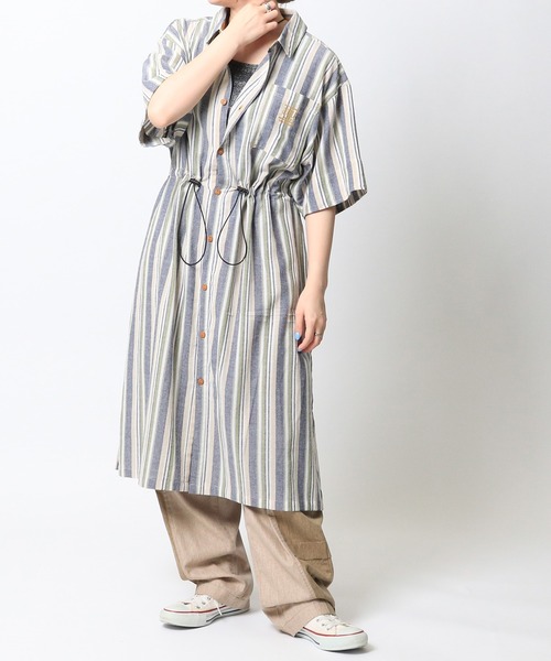 DOUBLE NAME（ダブルネーム）の「ストライプウエストドロスト半袖シャツワンピース（シャツワンピース・レディース・イエロー/レッド/ネイビー・FREE）」の4枚目の写真