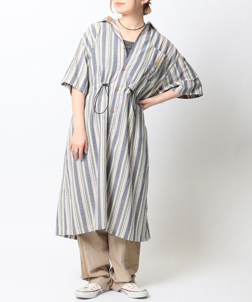 DOUBLE NAME（ダブルネーム）の「ストライプウエストドロスト半袖シャツワンピース（シャツワンピース・レディース・イエロー/レッド/ネイビー・FREE）」の5枚目の写真