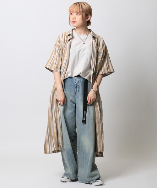 DOUBLE NAME（ダブルネーム）の「ストライプウエストドロスト半袖シャツワンピース（シャツワンピース・レディース・イエロー/レッド/ネイビー・FREE）」の9枚目の写真