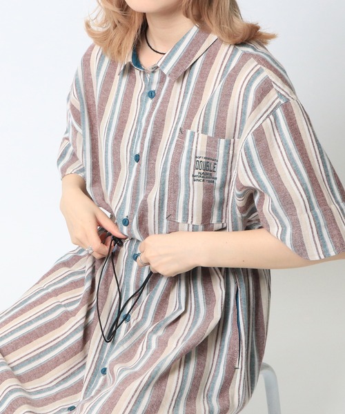 DOUBLE NAME（ダブルネーム）の「ストライプウエストドロスト半袖シャツワンピース（シャツワンピース・レディース・イエロー/レッド/ネイビー・FREE）」の16枚目の写真