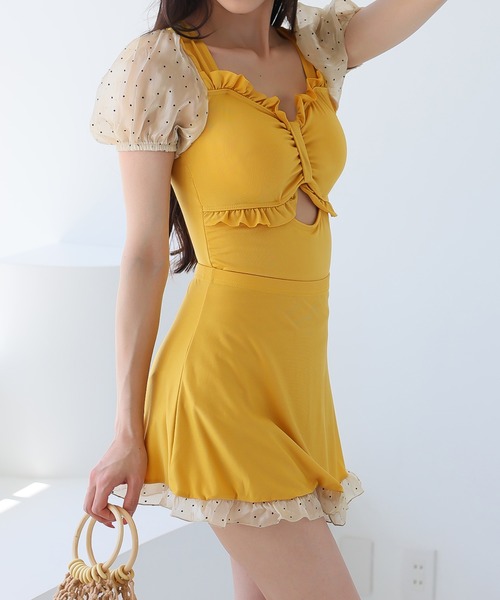 【Vikini Vender】アミルフローラルフリルワンピース水着 YELLOW Vikini Vender】アミルフローラルフリルワンピース水着 YELLOW