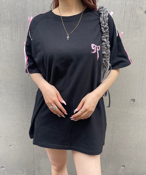 リボンカットソー ピンク Tシャツ/カットソー（ピンク/桃色系・リボン）ファッション通販