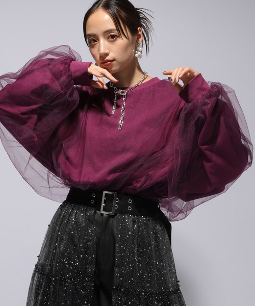HARE　レディース　チュールアンドビッグスウェット　ブラック09 HARE（ハレ）の「チュールレイヤードビッグスウェット(HARE