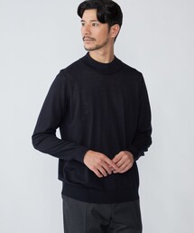 モックネック ネイビー ストライプ リネン ストライプ モックネック ショートスリーブセーター