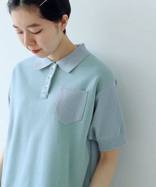 PAR ICI（パーリッシィ）の「かのこ編みニット×スウェットポロシャツ（ポロシャツ・レディース・サックスブルー/アイボリー/ネイビー・FREE）」の3枚目の写真