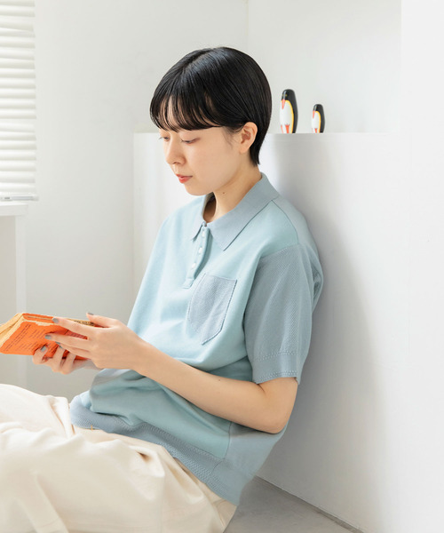 PAR ICI（パーリッシィ）の「かのこ編みニット×スウェットポロシャツ（ポロシャツ・レディース・サックスブルー/アイボリー/ネイビー・FREE）」の13枚目の写真