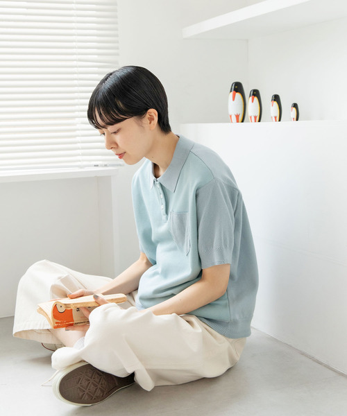 PAR ICI（パーリッシィ）の「かのこ編みニット×スウェットポロシャツ（ポロシャツ・レディース・サックスブルー/アイボリー/ネイビー・FREE）」の14枚目の写真
