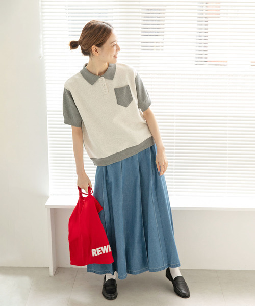 PAR ICI（パーリッシィ）の「かのこ編みニット×スウェットポロシャツ（ポロシャツ・レディース・サックスブルー/アイボリー/ネイビー・FREE）」の9枚目の写真