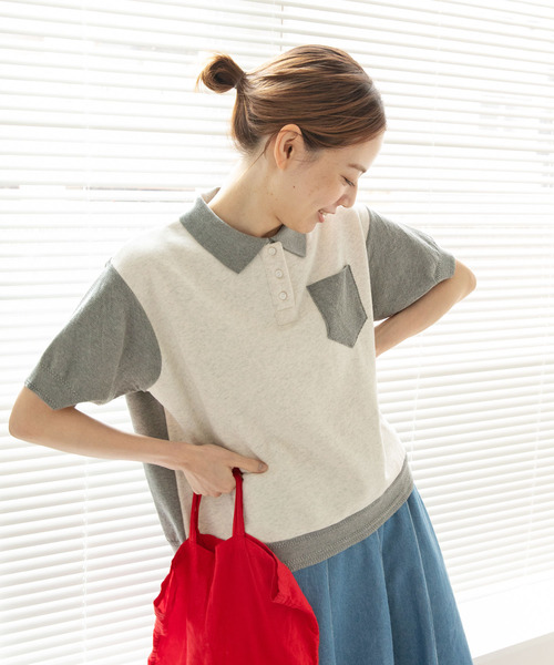 PAR ICI（パーリッシィ）の「かのこ編みニット×スウェットポロシャツ（ポロシャツ・レディース・サックスブルー/アイボリー/ネイビー・FREE）」の8枚目の写真