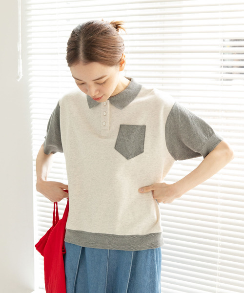 PAR ICI（パーリッシィ）の「かのこ編みニット×スウェットポロシャツ（ポロシャツ・レディース・サックスブルー/アイボリー/ネイビー・FREE）」の5枚目の写真