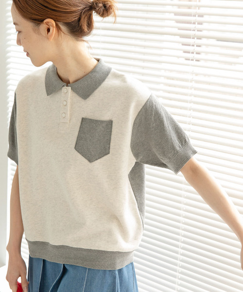 PAR ICI（パーリッシィ）の「かのこ編みニット×スウェットポロシャツ（ポロシャツ・レディース・サックスブルー/アイボリー/ネイビー・FREE）」の6枚目の写真