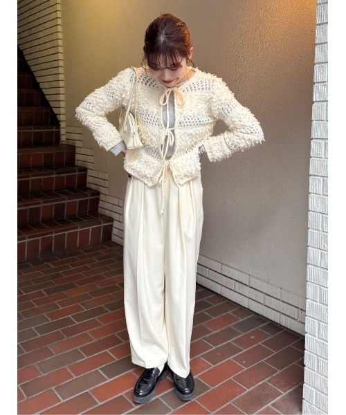 titivate（ティティベイト）の「前リボンフリンジ編みニットカーディガン（カーディガン/ボレロ・レディース・ベージュ/アイボリー・FREE）」の3枚目の写真
