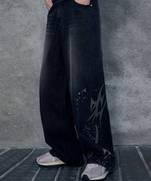 Graphic Print Wide Denim Pants