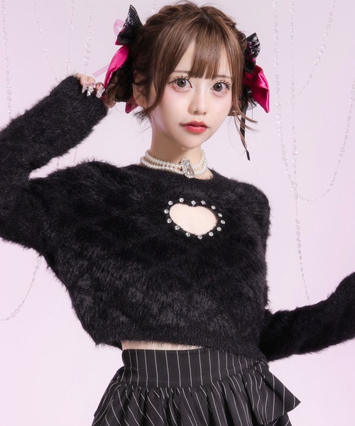 着丈選べるビジューハート開きニット/チュニック/ミニワンピ【大きい