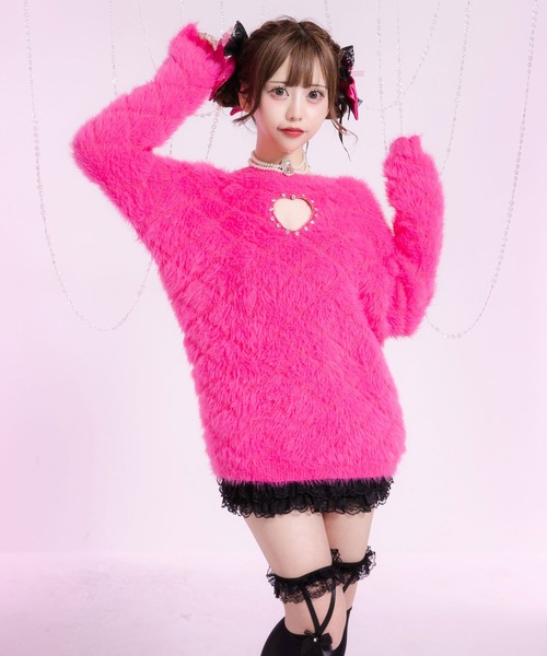 着丈選べるビジューハート開きニット/チュニック/ミニワンピ【大きい