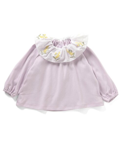 Seraph（セラフ）の「【リンク/ジュニア対応】mimosa刺しゅうラッフルカラートップス（Tシャツ/カットソー・キッズ・アイボリー/ラベンダー・80/90/100/110/120/130/140）」の2枚目の写真