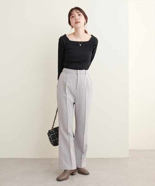 natural couture(ナチュラルクチュール)の「スクエアネックランダムテレコTOPS(Tシャツ/カットソー・レディース・アイボリー/ブラック/モカ/スミクロ・FREE)」の6枚目の写真