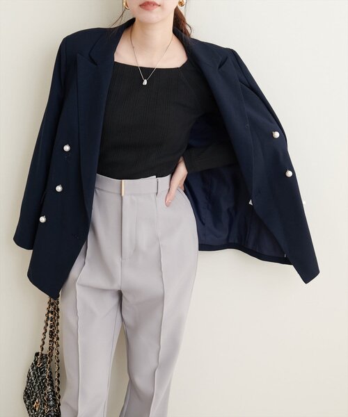 natural couture(ナチュラルクチュール)の「スクエアネックランダムテレコTOPS(Tシャツ/カットソー・レディース・アイボリー/ブラック/モカ/スミクロ・FREE)」の8枚目の写真