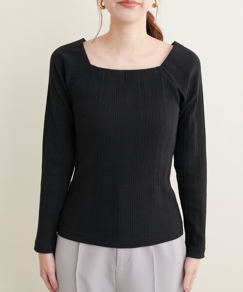 natural couture(ナチュラルクチュール)の「スクエアネックランダムテレコTOPS(Tシャツ/カットソー・レディース・アイボリー/ブラック/モカ/スミクロ・FREE)」の18枚目の写真