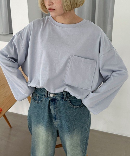 PILIT（ピリット）の「【サイズ展開あり】ビッグポケットロンTee（Tシャツ/カットソー・レディース・ブルー/オートミール/杢グレー/オフホワイト/ピンク・LARGE/MEDIUM）」の4枚目の写真