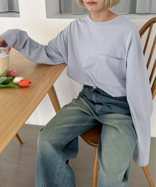 PILIT（ピリット）の「【サイズ展開あり】ビッグポケットロンTee（Tシャツ/カットソー・レディース・ブルー/オートミール/杢グレー/オフホワイト/ピンク・LARGE/MEDIUM）」の9枚目の写真