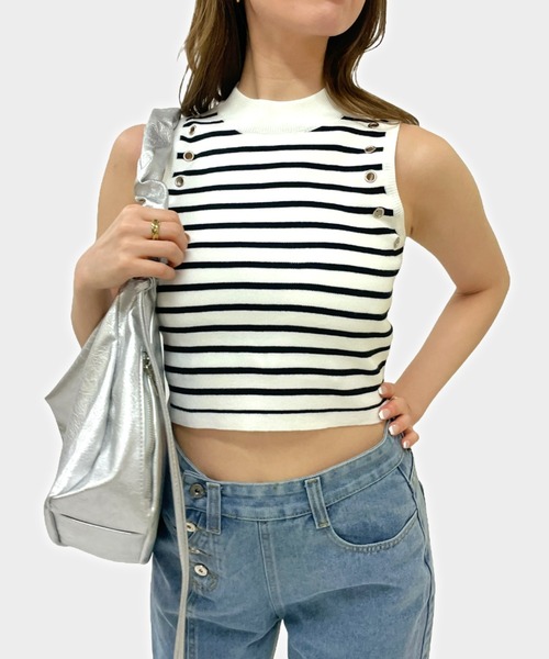 ampm（エーエムピーエム）の「【ampm】スリーブパンチング加工ハイネックミニ丈ボーダーノースリーブ（タンクトップ・レディース・ブラウン系その他/ホワイト×ブラック/ブラウン系その他2/ベージュ系その他/ブラック×ホワイト/グリーン系その他・FREE）」の16枚目の写真