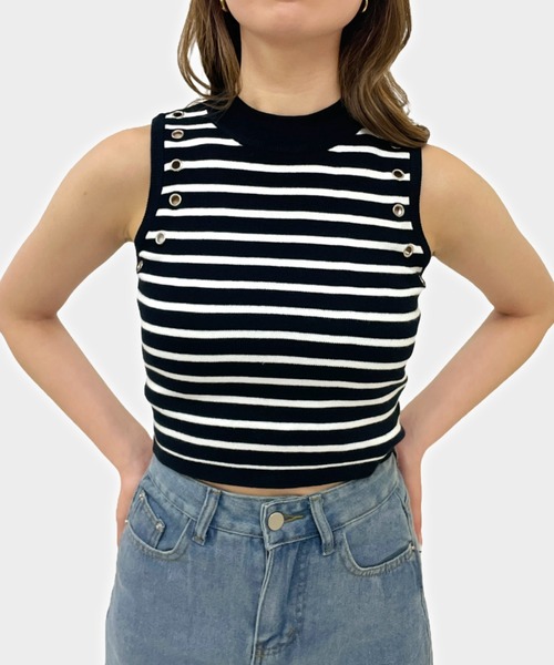 ampm（エーエムピーエム）の「【ampm】スリーブパンチング加工ハイネックミニ丈ボーダーノースリーブ（タンクトップ・レディース・ブラウン系その他/ホワイト×ブラック/ブラウン系その他2/ベージュ系その他/ブラック×ホワイト/グリーン系その他・FREE）」の22枚目の写真