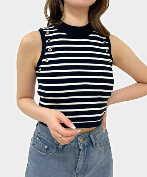 ampm（エーエムピーエム）の「【ampm】スリーブパンチング加工ハイネックミニ丈ボーダーノースリーブ（タンクトップ・レディース・ブラウン系その他/ホワイト×ブラック/ブラウン系その他2/ベージュ系その他/ブラック×ホワイト/グリーン系その他・FREE）」の19枚目の写真