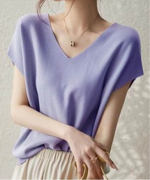 《7色展開》イージーケア上品見えVネックフレンチスリーブ夏服半袖サマーニット きれいめ大人フェミニン半袖トップス