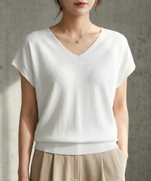 《7色展開》イージーケア上品見えVネックフレンチスリーブ夏服半袖サマーニット きれいめ大人フェミニン半袖トップス