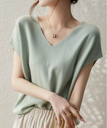 《7色展開》イージーケア上品見えVネックフレンチスリーブ夏服半袖サマーニット きれいめ大人フェミニン半袖トップス