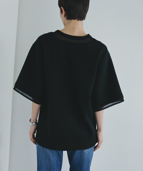 MANOF　シースルーレイヤードトップス　黒　マノフ　カットソー　Tシャツ セール】SHEER NECK CUT TOPS（Tシャツ/カットソー）｜MANOF