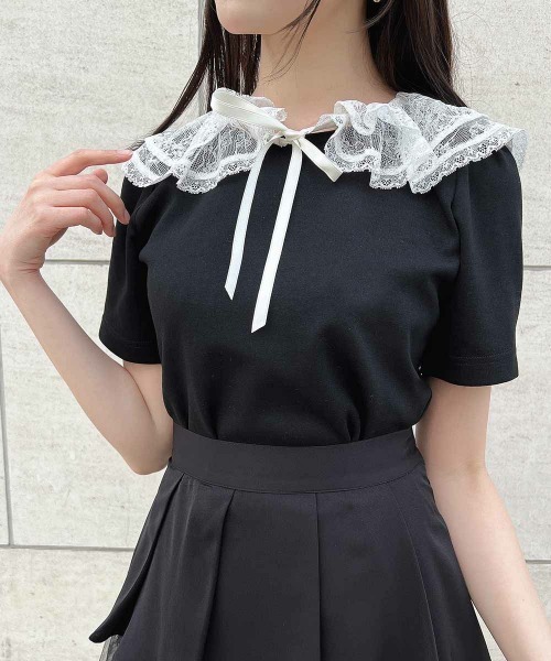 F i.n.t（フィント）の「レースフリル衿カットトップス　夏服【1枚で快適】/ fint　フィント（Tシャツ/カットソー・レディース・ピンクベージュ/ブラック・FREE）」の2枚目の写真