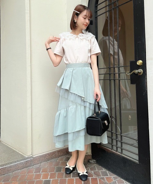 F i.n.t（フィント）の「レースフリル衿カットトップス　夏服【1枚で快適】/ fint　フィント（Tシャツ/カットソー・レディース・ピンクベージュ/ブラック・FREE）」の3枚目の写真