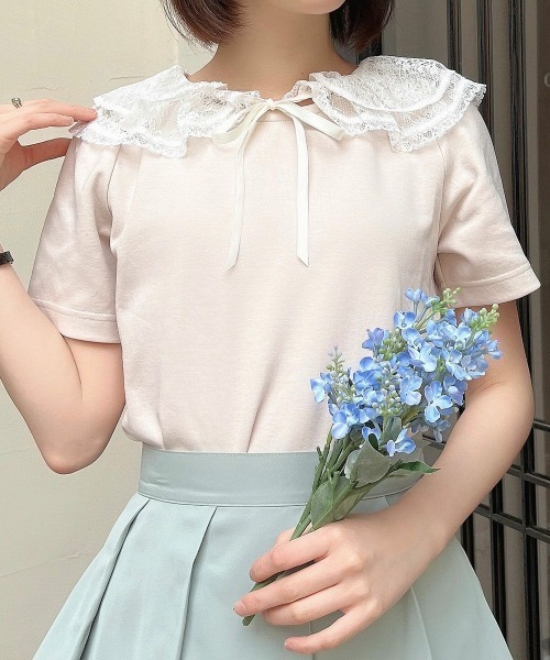 F i.n.t（フィント）の「レースフリル衿カットトップス　夏服【1枚で快適】/ fint　フィント（Tシャツ/カットソー・レディース・ピンクベージュ/ブラック・FREE）」の4枚目の写真