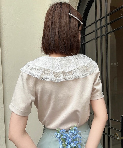 F i.n.t（フィント）の「レースフリル衿カットトップス　夏服【1枚で快適】/ fint　フィント（Tシャツ/カットソー・レディース・ピンクベージュ/ブラック・FREE）」の5枚目の写真