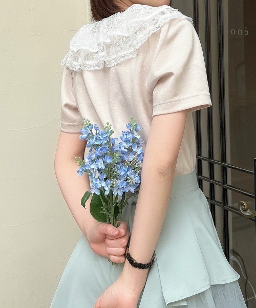 F i.n.t（フィント）の「レースフリル衿カットトップス　夏服【1枚で快適】/ fint　フィント（Tシャツ/カットソー・レディース・ピンクベージュ/ブラック・FREE）」の6枚目の写真