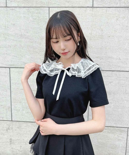 F i.n.t（フィント）の「レースフリル衿カットトップス　夏服【1枚で快適】/ fint　フィント（Tシャツ/カットソー・レディース・ピンクベージュ/ブラック・FREE）」の8枚目の写真