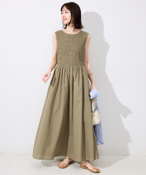 美品　CLOCHE☆シャーリング　コットンシルク ノースリーブ ロングワンピース audrey and john wad（オードリーアンドジョンワッド）の