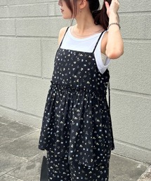 ISOOK | 【ISOOK / アイスー】フラワープリントフレアキャミ/ フレアギャザー キャミソール ノースリーブ レイヤード 重ね着 チュニック ロング丈 プリント セットアップ ホワイト アイボリー ブラック 白 黒 花柄 小花柄 ZOZOTOWN限定(チュニック)