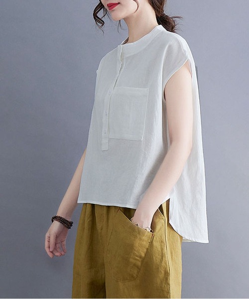 clarity blanc(クラリティーブラン)の「フレンチスリーブ バンドカラーシャツ(Tシャツ/カットソー・レディース・ホワイト/ナチュラル/ブラック/オリーブ・M/L/XL)」の2枚目の写真