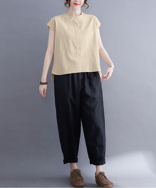 clarity blanc(クラリティーブラン)の「フレンチスリーブ バンドカラーシャツ(Tシャツ/カットソー・レディース・ホワイト/ナチュラル/ブラック/オリーブ・M/L/XL)」の9枚目の写真