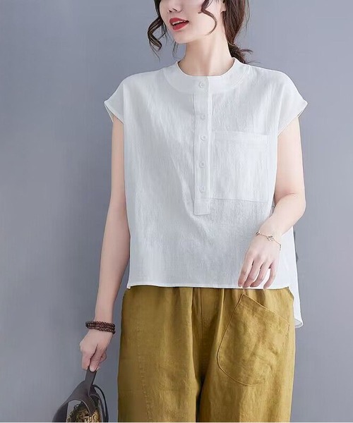 clarity blanc(クラリティーブラン)の「フレンチスリーブ バンドカラーシャツ(Tシャツ/カットソー・レディース・ホワイト/ナチュラル/ブラック/オリーブ・M/L/XL)」の14枚目の写真