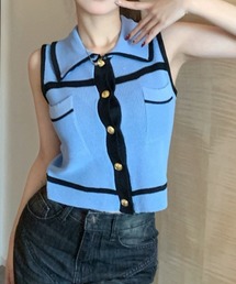 配色ライン襟付き前ボタンノースリスキッパートップス