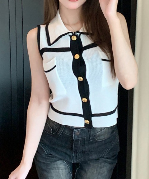 deux amour(ドゥーザムール)の「配色ライン襟付き前ボタンノースリスキッパートップス(Tシャツ/カットソー・レディース・ブルー/ブラック/ホワイト・FREE)」の16枚目の写真